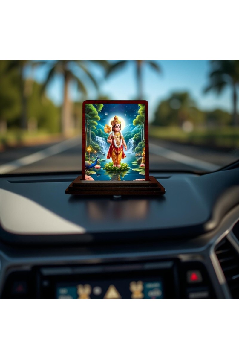 Car Desk/Table Top Lord Karthikeya Wooden Photo Stand 3x4 Inches, Compact & Stylish Spiritual Display For Car, Home & Office (Pack Of 1) (F14316)