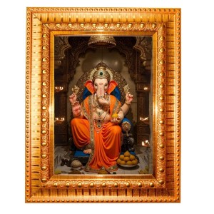 Lord Ganesh Golden Designer Photo Frame | 10x14 Inch Religious Wall Hanging Frame For Home & Office Decoration | Hindu Deity Lord Ganesh Spiritual Gift Item