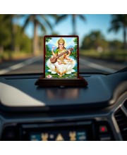 Car Desk/Table Top Goddess Saraswathi Wooden Photo Stand 3x4 Inches, Compact & Stylish Spiritual Display For Car, Home & Office (Pack Of 1) (F14648)