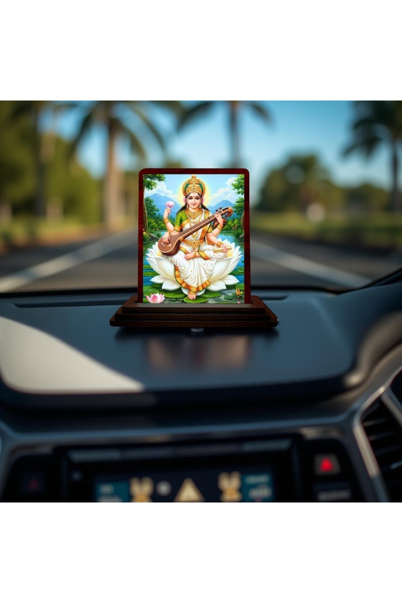 Car Desk/Table Top Goddess Saraswathi Wooden Photo Stand 3x4 Inches, Compact & Stylish Spiritual Display For Car, Home & Office (Pack Of 1) (F14648)