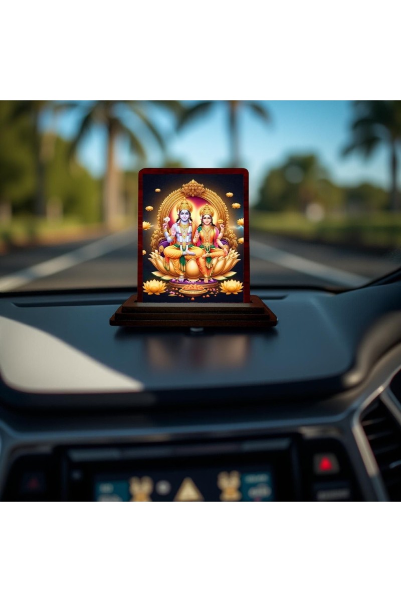 Car Desk/Table Top Lord Vishnu Lakshmi Wooden Photo Stand 3x4 Inches, Compact & Stylish Spiritual Display For Car, Home & Office (Pack Of 1) (F14557)