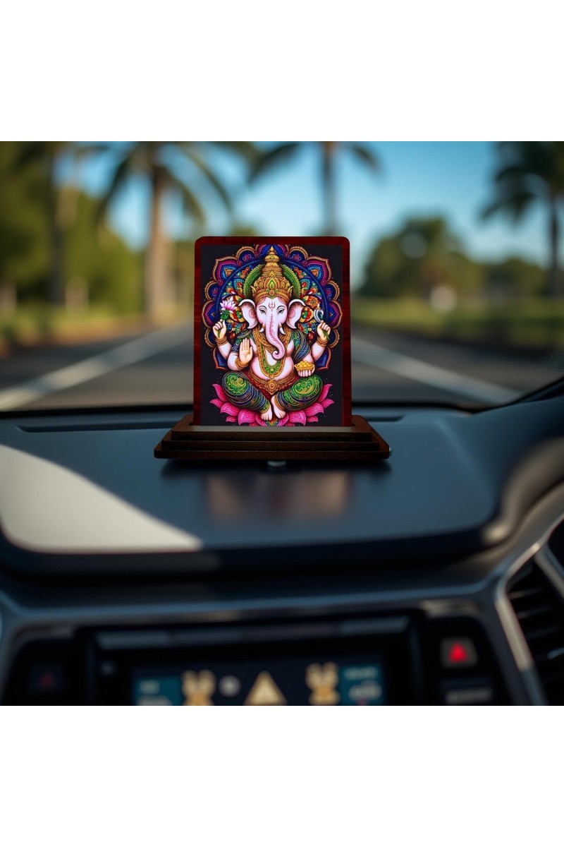 Car Desk/Table Top Lord Ganesha Wooden Photo Stand 3x4 Inches, Compact & Stylish Spiritual Display For Car, Home & Office (Pack Of 1) (F14155)