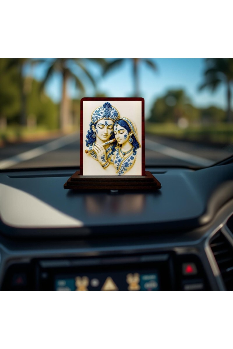 Car Desk/Table Top Radha Krishna Wooden Photo Stand 3x4 Inches, Compact & Stylish Spiritual Display For Car, Home & Office (Pack Of 1) (F14282)