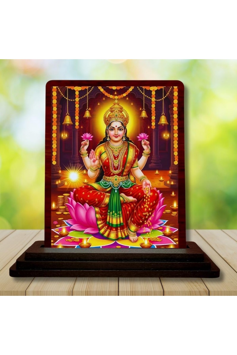 Car Desk/Table Top Goddess Lakshmi Wooden Photo Stand 3x4 Inches, Compact & Stylish Spiritual Display For Car, Home & Office (Pack Of 1) (F14138)