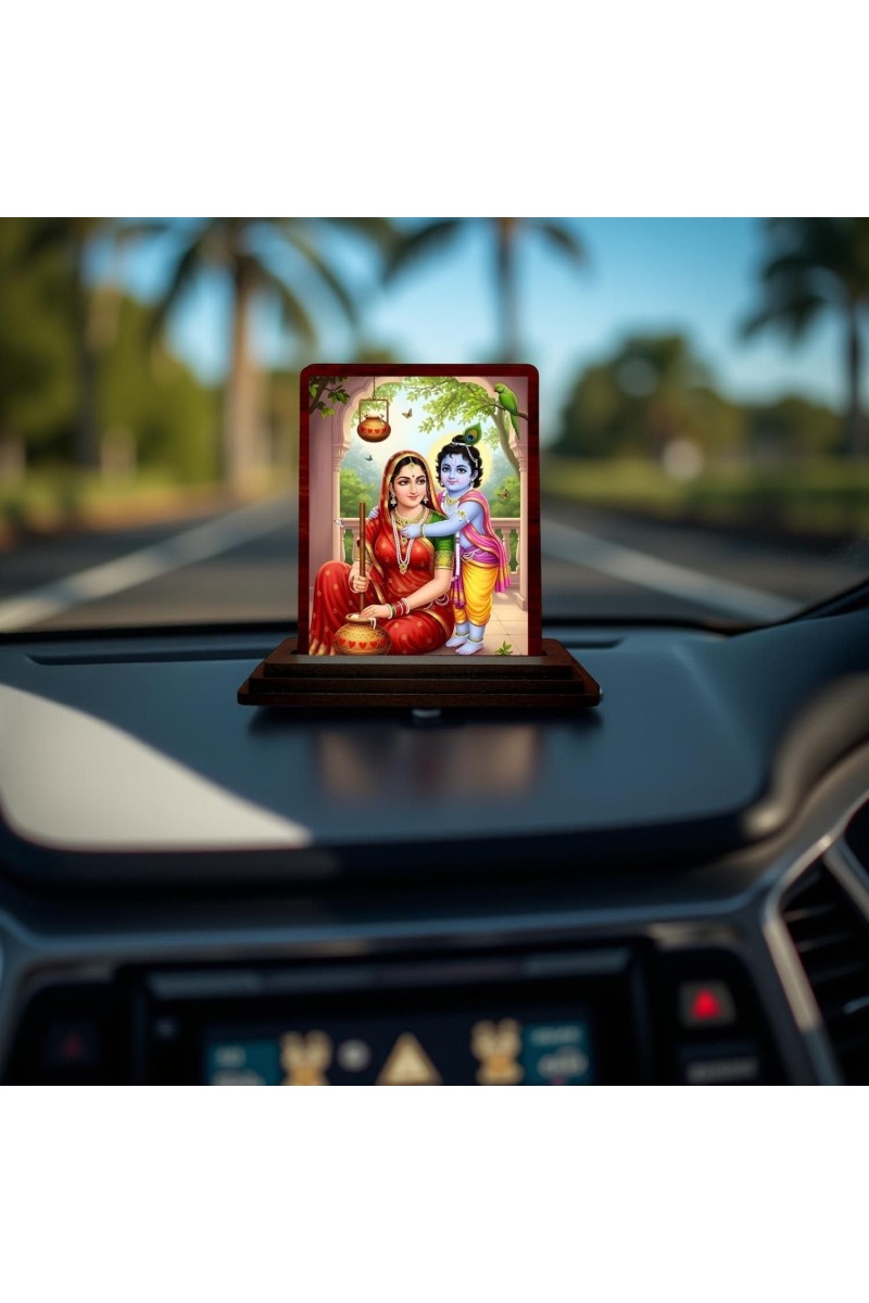 Car Desk/Table Top Yashodha Krishna Wooden Photo Stand 3x4 Inches, Compact & Stylish Spiritual Display For Car, Home & Office (Pack Of 1) (F14272)