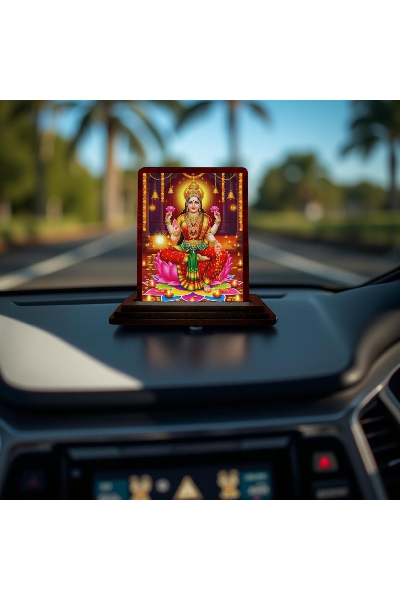 Car Desk/Table Top Goddess Lakshmi Wooden Photo Stand 3x4 Inches, Compact & Stylish Spiritual Display For Car, Home & Office (Pack Of 1) (F14169)