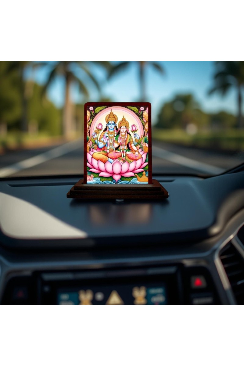 Car Desk/Table Top Lord Vishnu Lakshmi Wooden Photo Stand 3x4 Inches, Compact & Stylish Spiritual Display For Car, Home & Office (Pack Of 1) (F14443)