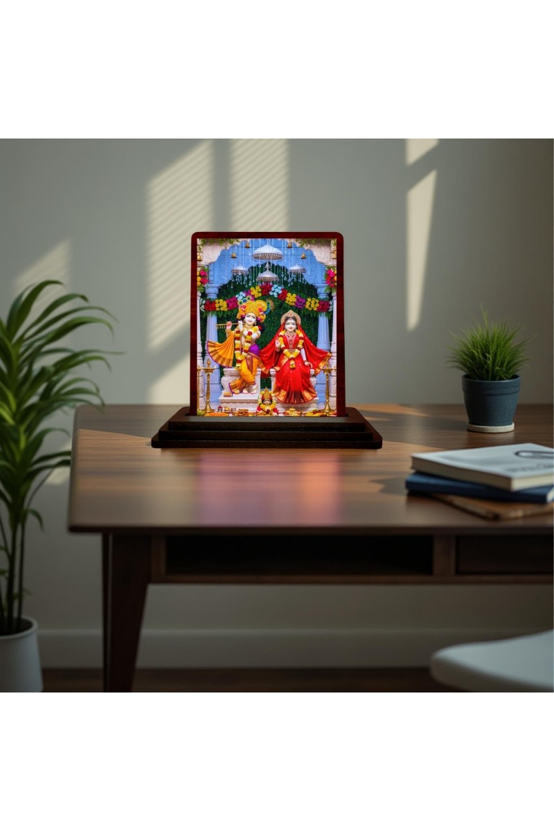 Car Desk/Table Top Lord Radha Krishn Wooden Photo Stand 3x4 Inches, Compact & Stylish Spiritual Display For Car, Home & Office (Pack Of 1) (F15097)