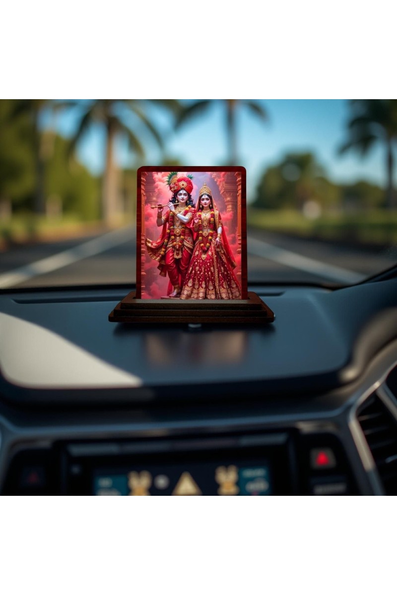 Car Desk/Table Top Radha Krishna Wooden Photo Stand 3x4 Inches, Compact & Stylish Spiritual Display For Car, Home & Office (Pack Of 1) (F14360)