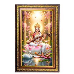 Goddess Saraswathi Digital Golden Balck Color Photo Frame | Hindu Religious Wall Decor | 10x16 Inches - Inspirational Wall Art For Office, Home Decor - Ideal Spiritual Gift (F16878)