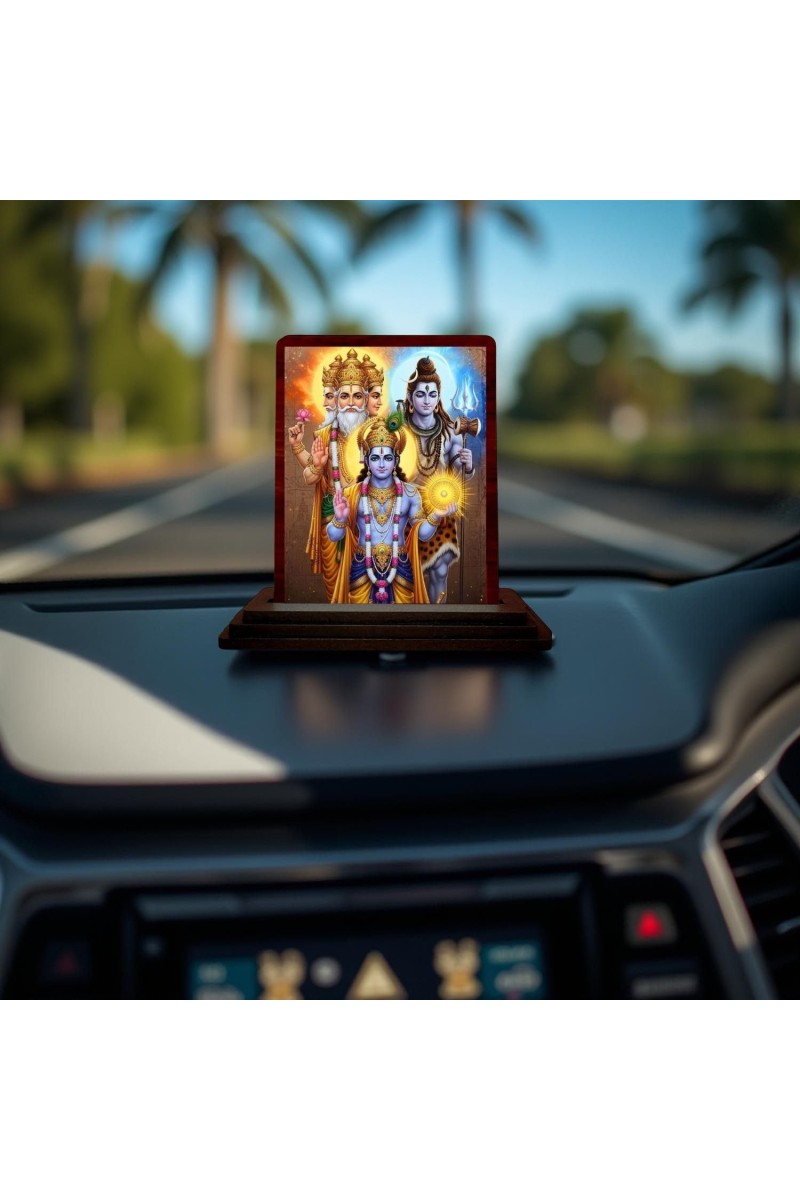 Car Desk/Table Top Bramha Vishnu Shiva Wooden Photo Stand 3x4 Inches, Compact & Stylish Spiritual Display For Car, Home & Office (Pack Of 1) (F14244)
