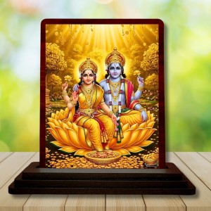 Car Desk/Table Top Lord Vishu Laxmi Wooden Photo Stand 3x4 Inches, Compact & Stylish Spiritual Display For Car, Home & Office (Pack Of 1) (F15117)
