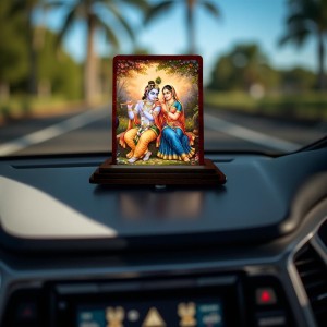 Car Desk/Table Top Radha Krishna Wooden Photo Stand 3x4 Inches, Compact & Stylish Spiritual Display For Car, Home & Office (Pack Of 1) (F14489)