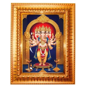 Panchamukhi Vinayaka Or Heramba Ganapati Golden Designer Photo Frame | 10x14 Inch Religious Wall Hanging Frame For Home & Office Decoration | Hindu Deity Spiritual Gift Item Panchamukhi Vinayaka Or Heramba Ganapati Golden Designer Photo Frame | 10x14 Inch Religious Wall Hanging Frame For Home & Office Decoration | Hindu Deity Spiritual Gift Item