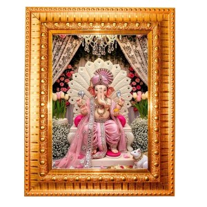 Divine Ganesha Golden Designer Photo Frame | 10x14 Inch Religious Wall Hanging Frame For Home, Office Decoration and Spiritual Gift Item