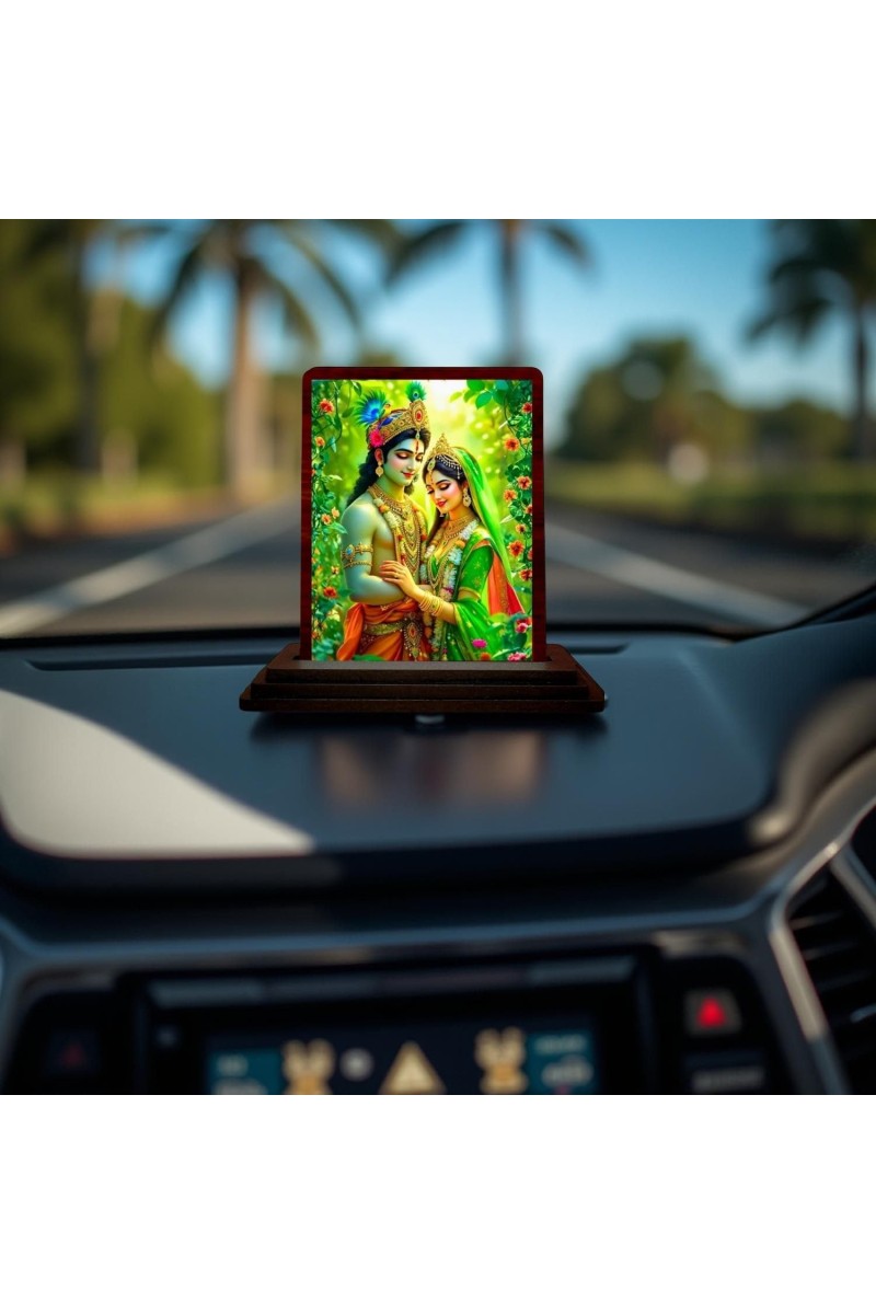 Car Desk/Table Top Radha Krishna Wooden Photo Stand 3x4 Inches, Compact & Stylish Spiritual Display For Car, Home & Office (Pack Of 1) (F14228)