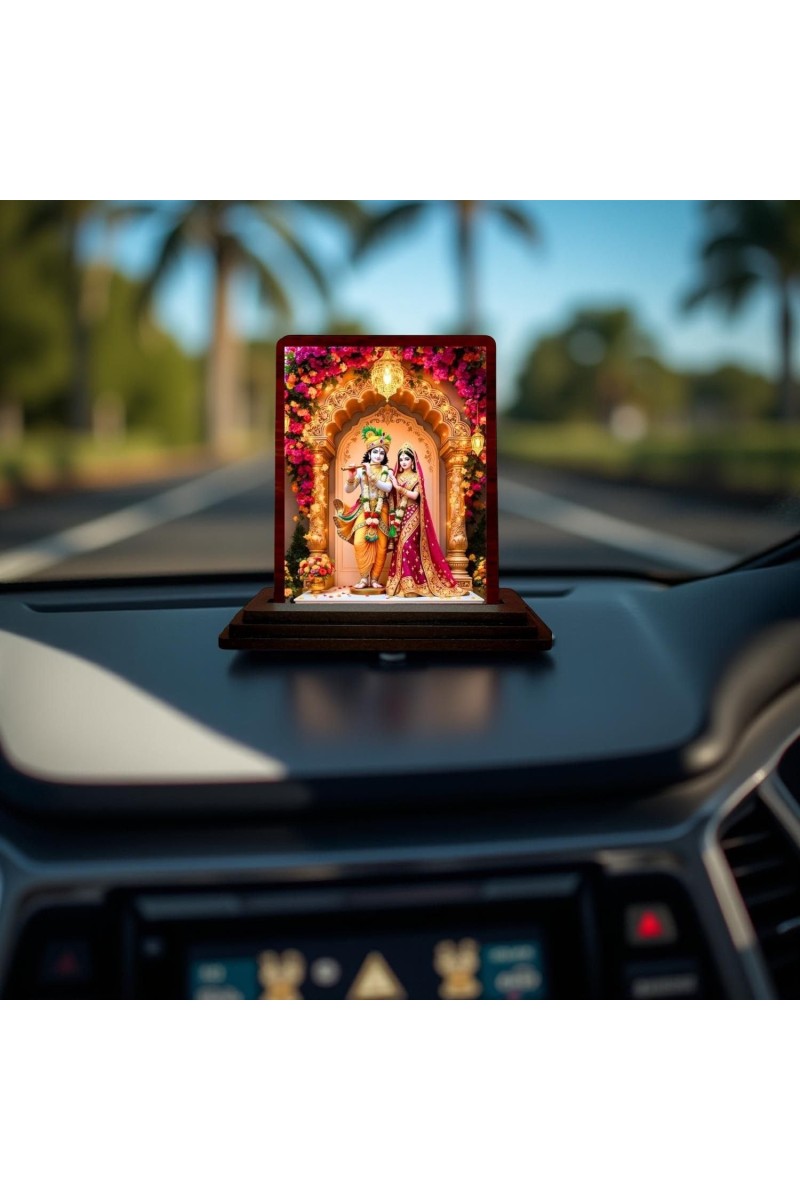 Car Desk/Table Top Radha Krishna Wooden Photo Stand 3x4 Inches, Compact & Stylish Spiritual Display For Car, Home & Office (Pack Of 1) (F14365)