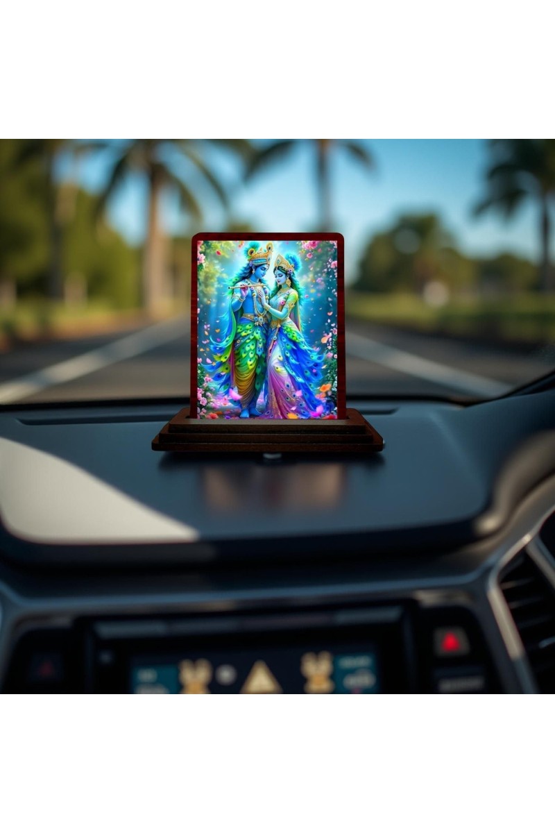 Car Desk/Table Top Radha Krishna Wooden Photo Stand 3x4 Inches, Compact & Stylish Spiritual Display For Car, Home & Office (Pack Of 1) (F14229)