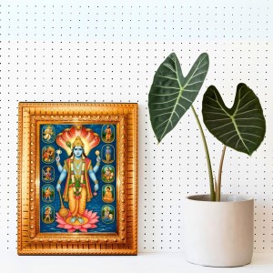Lord Vishnu Golden Designer Photo Frame | 10x14 Inch Religious Wall Hanging Frame For Home & Office Decoration | Hindu Deity Spiritual Gift Item