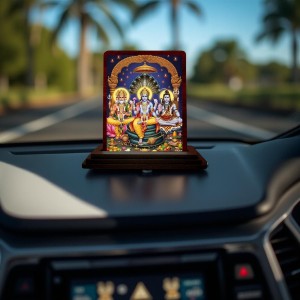 Car Desk/Table Top Bramha Vishnu Shiva Wooden Photo Stand 3x4 Inches, Compact & Stylish Spiritual Display For Car, Home & Office (Pack Of 1) (F14248)