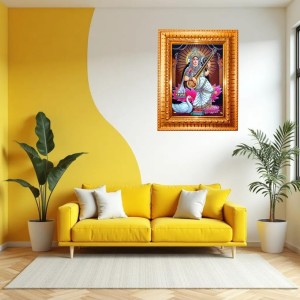 Goddess Saraswati Golden Designer Photo Frame | 14x18 Inch Religious Wall Hanging Frame For Home & Office Decoration | Hindu Deity Spiritual Gift Item
