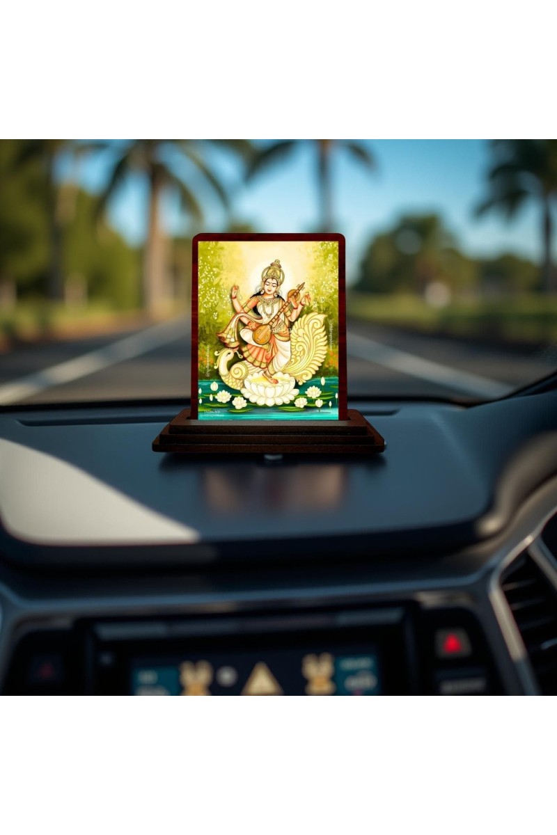 Car Desk/Table Top Goddess Saraswathi Wooden Photo Stand 3x4 Inches, Compact & Stylish Spiritual Display For Car, Home & Office (Pack Of 1) (F14544)