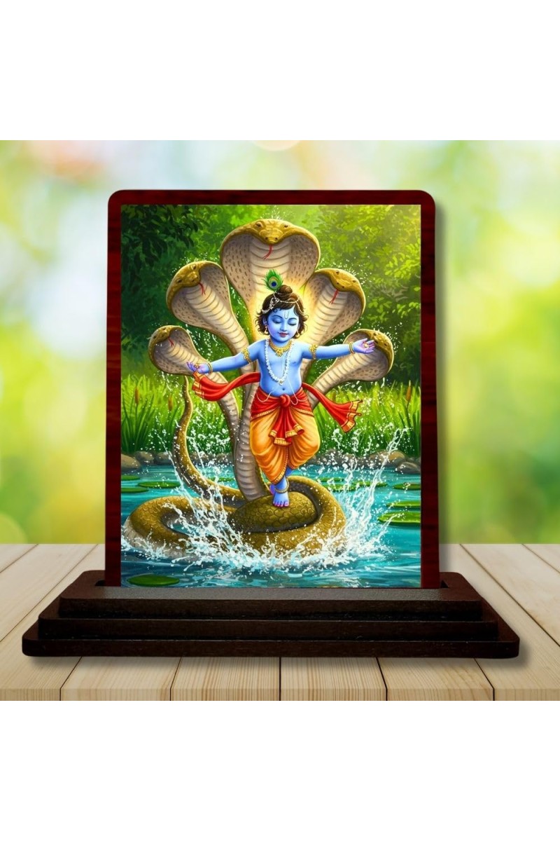 Car Desk/Table Top Lord Krishna Wooden Photo Stand 3x4 Inches, Compact & Stylish Spiritual Display For Car, Home & Office (Pack Of 1) (F14300)
