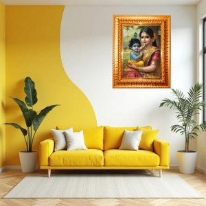 Yashoda And Lord Krishna Golden Designer Photo Frame | 10x14 Inch Religious Wall Hanging Frame For Home & Office Decoration | Hindu Deity Spiritual Gift Item