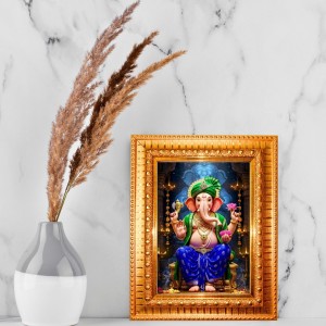Lord Ganesh Golden Designer Photo Frame | 10x14 Inch Religious Wall Hanging Frame For Home & Office Decoration | Hindu Deity Spiritual Gift Item