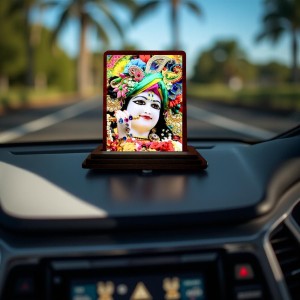 Car Desk/Table Top Loird Krishna Wooden Photo Stand 3x4 Inches, Compact & Stylish Spiritual Display For Car, Home & Office (Pack Of 1) (F14632)