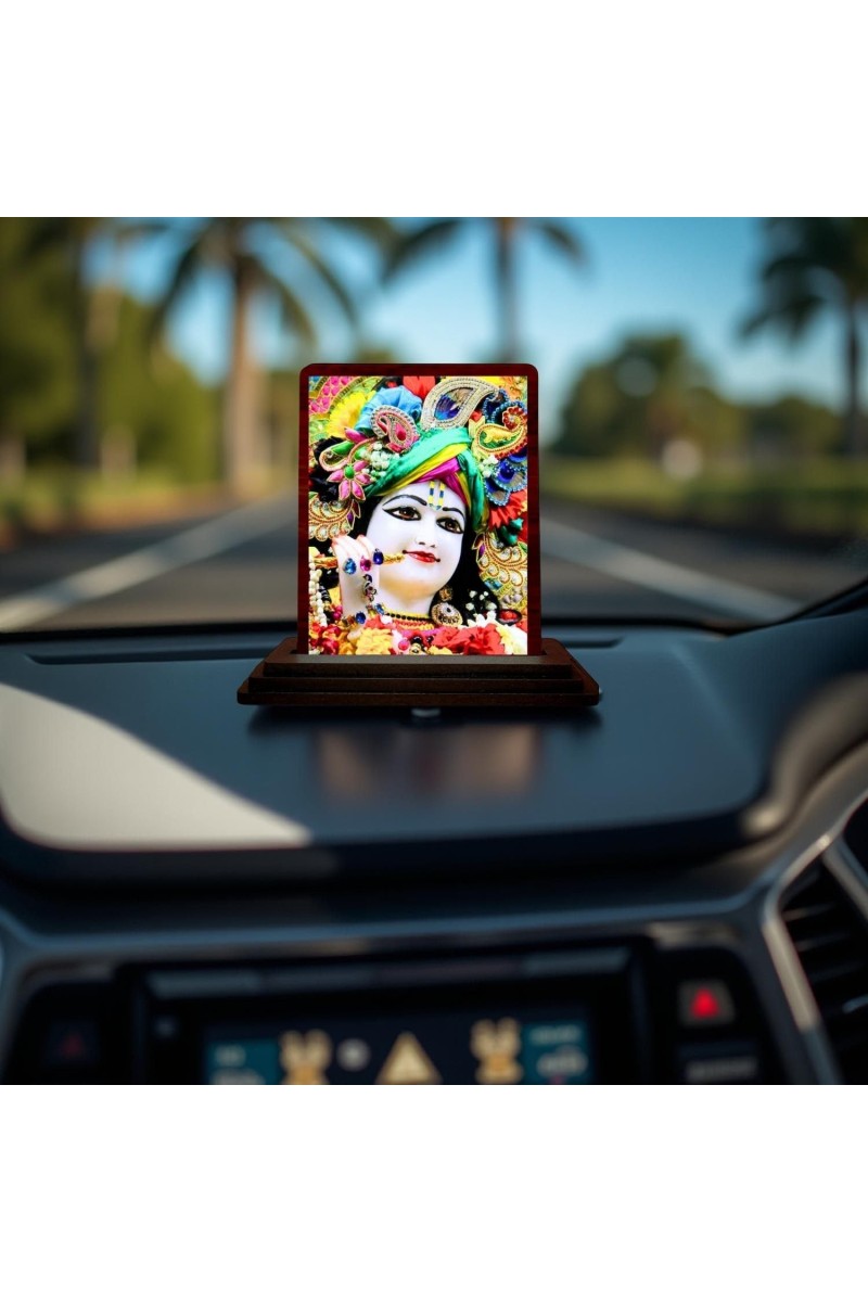 Car Desk/Table Top Loird Krishna Wooden Photo Stand 3x4 Inches, Compact & Stylish Spiritual Display For Car, Home & Office (Pack Of 1) (F14632)