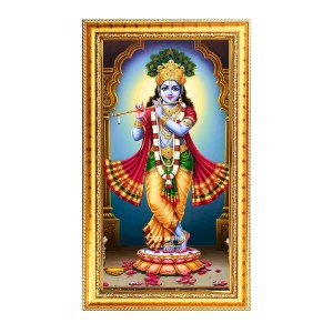 Divine Krishna Digital Golden Color Photo Frame | Hindu Religious Wall Decor | 8x15 Inches - Inspirational Wall Art For Office, Home Decor - Ideal Spiritual Gift (F10327)