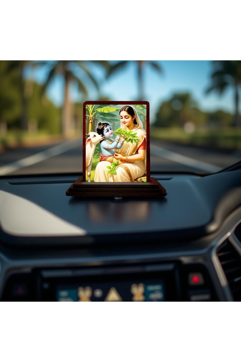 Car Desk/Table Top Yashodha Krishna Wooden Photo Stand 3x4 Inches, Compact & Stylish Spiritual Display For Car, Home & Office (Pack Of 1) (F14590)