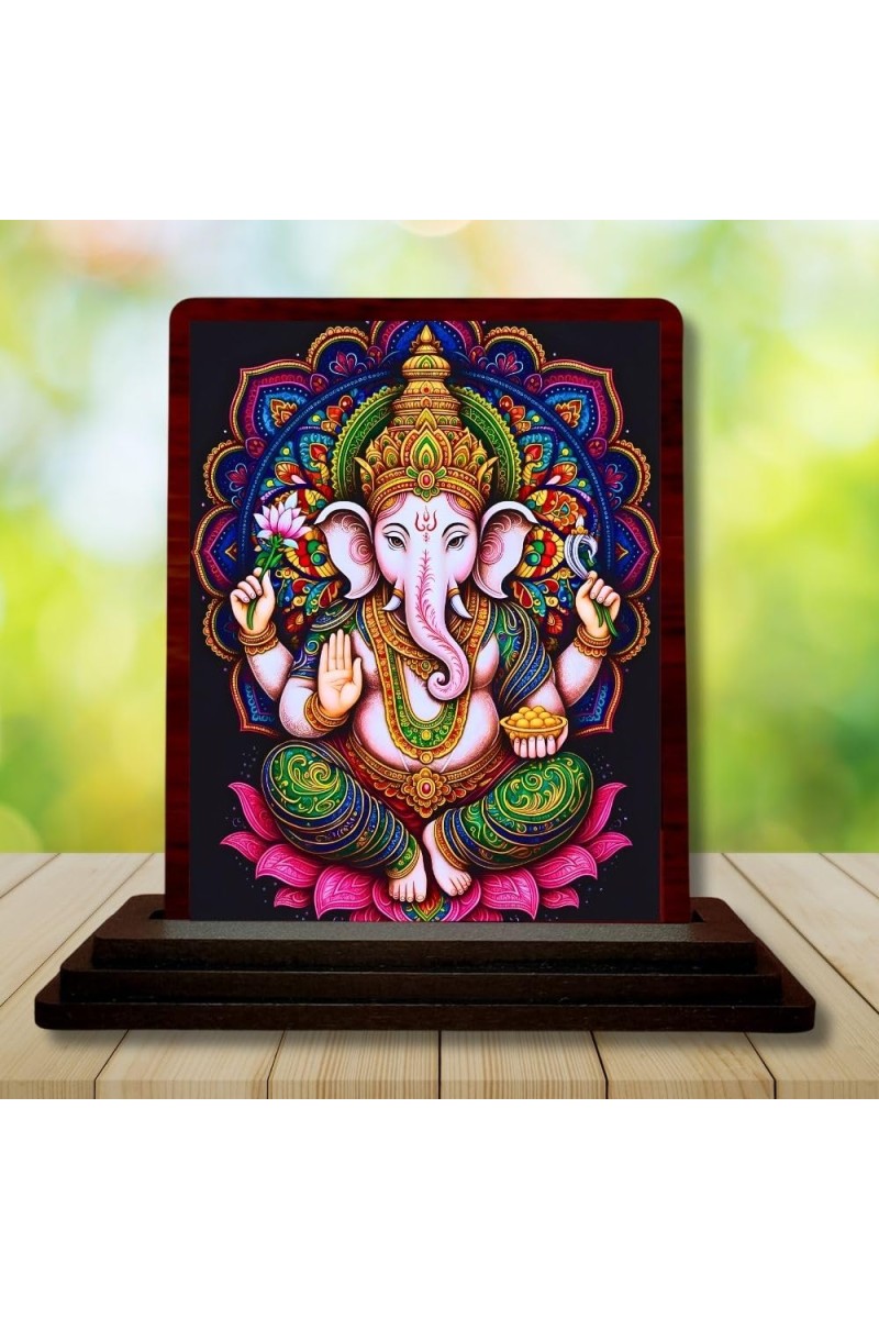 Car Desk/Table Top Lord Ganesha Wooden Photo Stand 3x4 Inches, Compact & Stylish Spiritual Display For Car, Home & Office (Pack Of 1) (F14155)