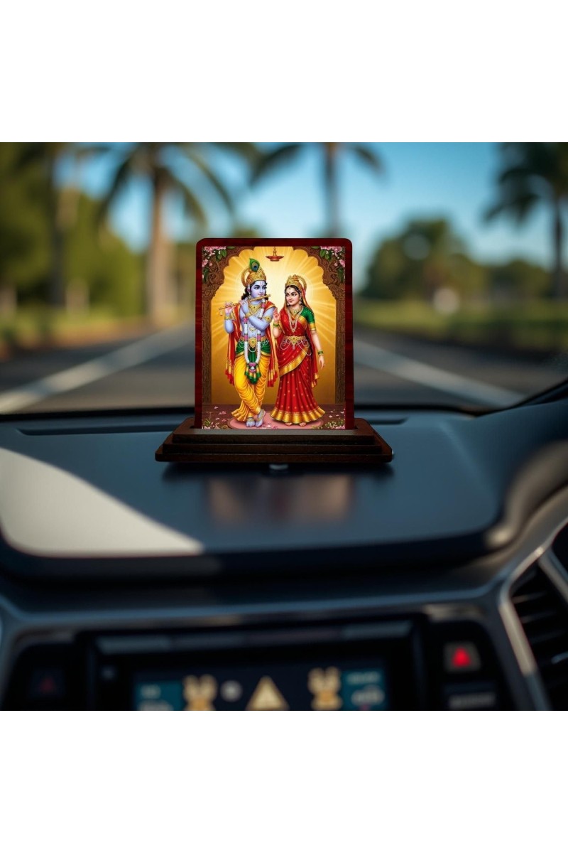 Car Desk/Table Top Radha Krishna Wooden Photo Stand 3x4 Inches, Compact & Stylish Spiritual Display For Car, Home & Office (Pack Of 1) (F14192)