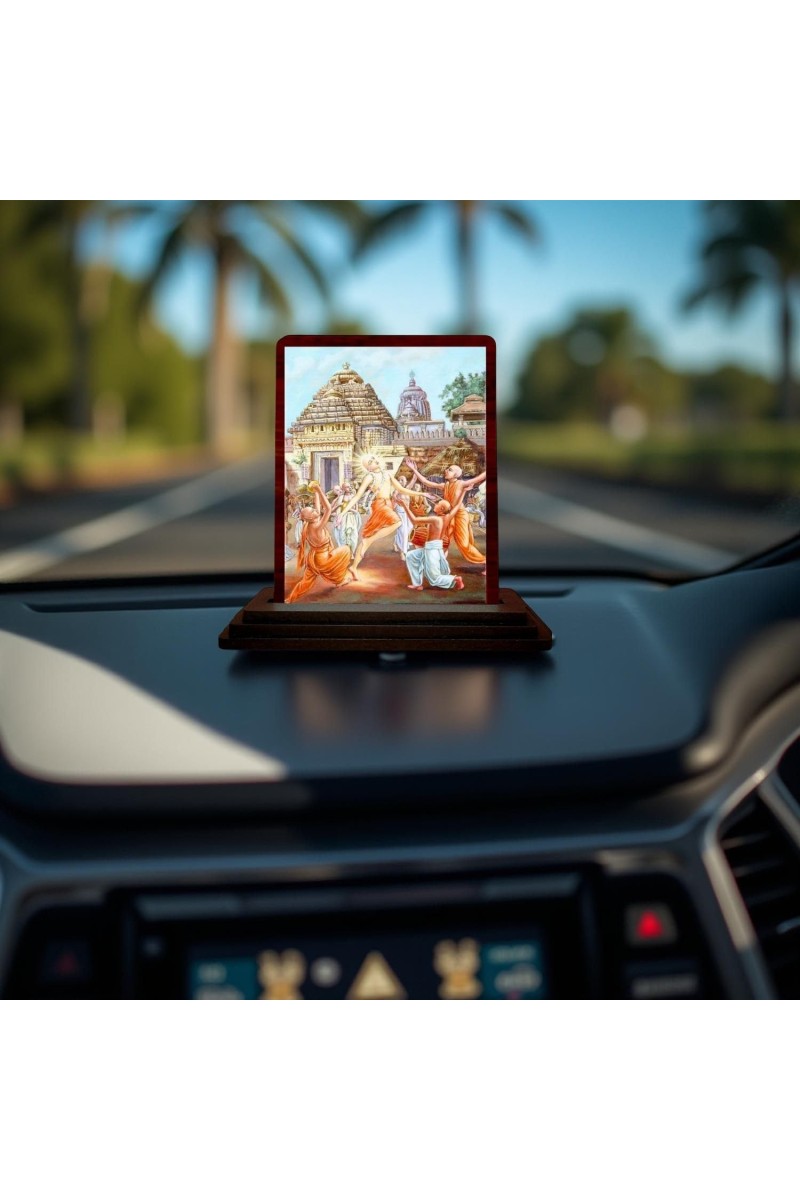 Car Desk/Table Top Lord Chaitanya Mahaprabhu Wooden Photo Stand 3x4 Inches, Compact & Stylish Spiritual Display For Car, Home & Office (Pack Of 1) (F14585)