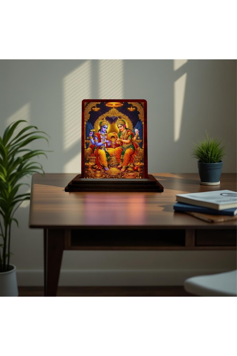 Car Desk/Table Top Lord Vishnu Laxmi Wooden Photo Stand 3x4 Inches, Compact & Stylish Spiritual Display For Car, Home & Office (Pack Of 1) (F15109)