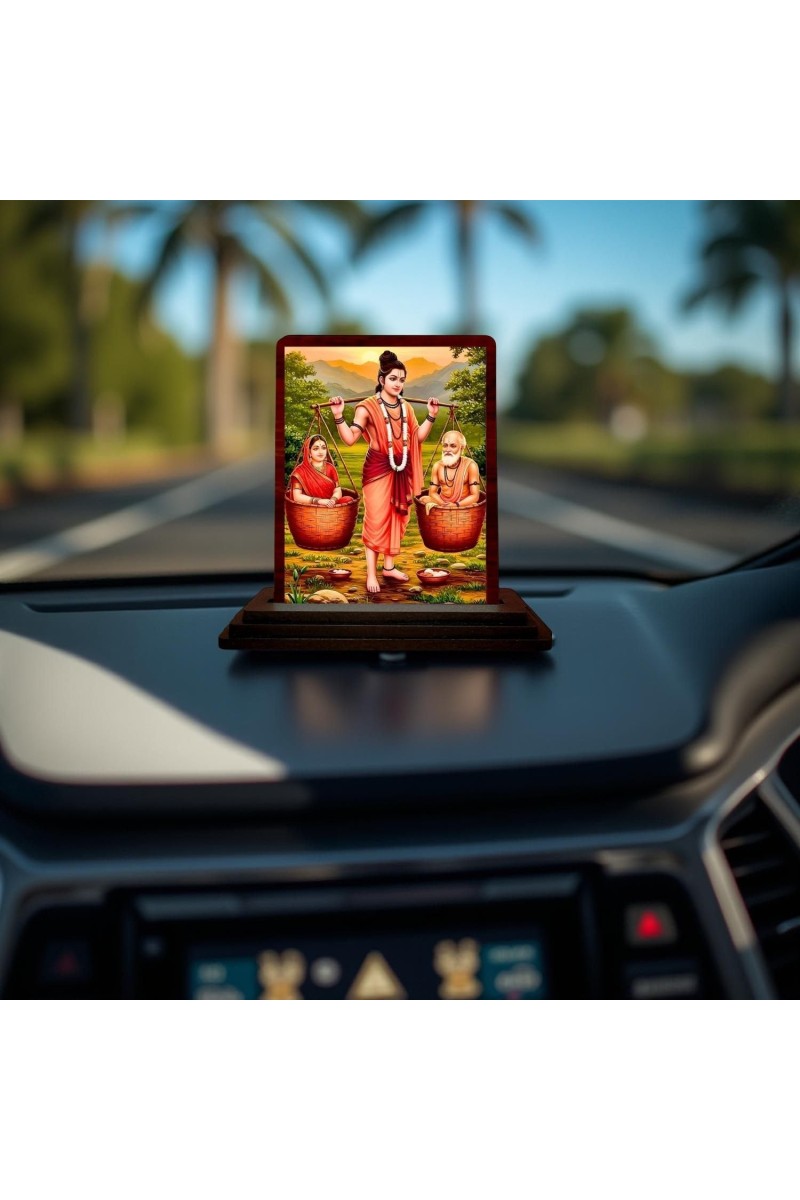 Car Desk/Table Top Shravana Kumara With His Parents Wooden Photo Stand 3x4 Inches, Compact & Stylish Spiritual Display For Car, Home & Office (Pack Of 1) (F14589)