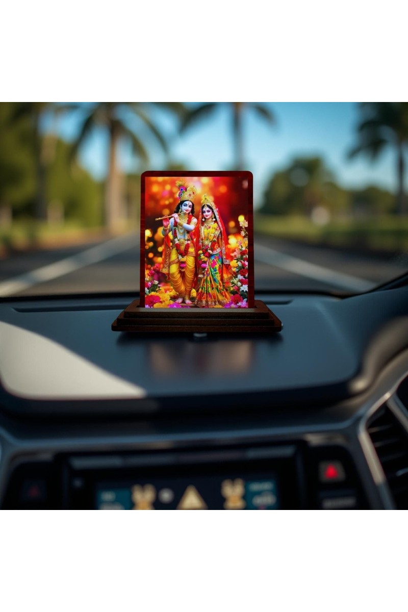 Car Desk/Table Top Radha Krishna Wooden Photo Stand 3x4 Inches, Compact & Stylish Spiritual Display For Car, Home & Office (Pack Of 1) (F14226)