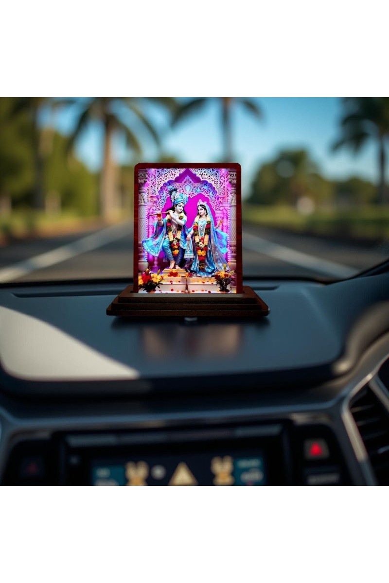Car Desk/Table Top Radha Krishna Wooden Photo Stand 3x4 Inches, Compact & Stylish Spiritual Display For Car, Home & Office (Pack Of 1) (F14223)