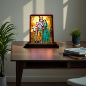 Car Desk/Table Top Lord Krishna And Radha Wooden Photo Stand 3x4 Inches, Compact & Stylish Spiritual Display For Car, Home & Office (Pack Of 1) (F14386)