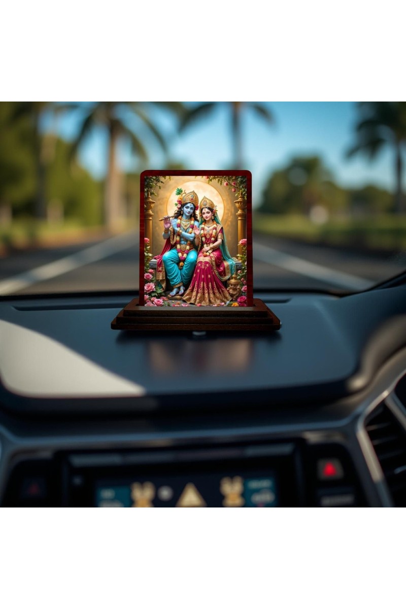 Car Desk/Table Top Radha Krishna Wooden Photo Stand 3x4 Inches, Compact & Stylish Spiritual Display For Car, Home & Office (Pack Of 1) (F14363)