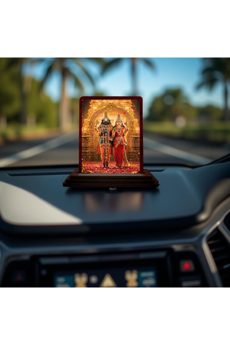 Car Desk/Table Top Lord Venkateswara With Goddess Lakshmi. Wooden Photo Stand 3x4 Inches, Compact & Stylish Spiritual Display For Car, Home & Office (Pack Of 1) (F14359)