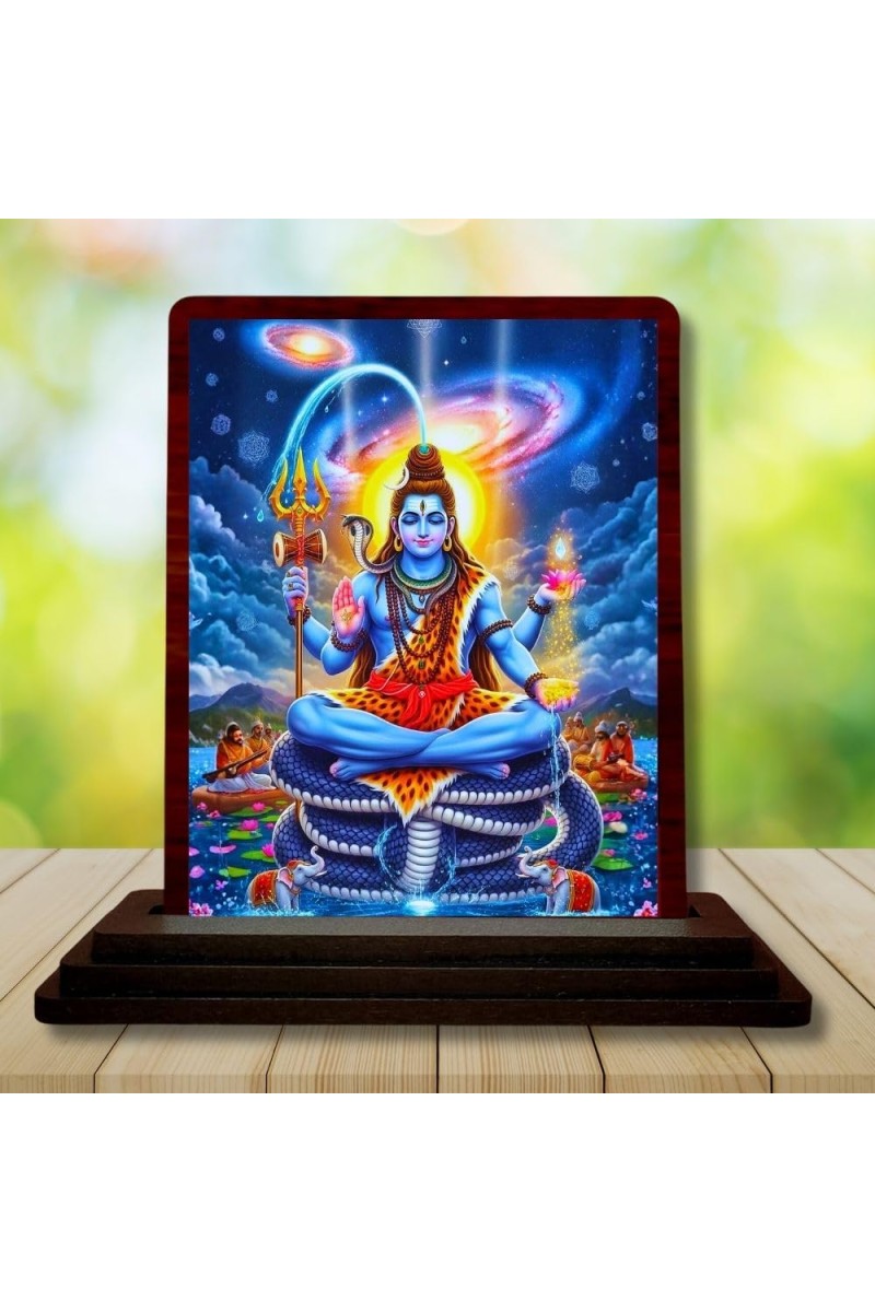 Car Desk/Table Top Lord Shiva Wooden Photo Stand 3x4 Inches, Compact & Stylish Spiritual Display For Car, Home & Office (Pack Of 1) (F14186)