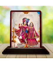 Car Desk/Table Top Radha Krishna Wooden Photo Stand 3x4 Inches, Compact & Stylish Spiritual Display For Car, Home & Office (Pack Of 1) (F14222)