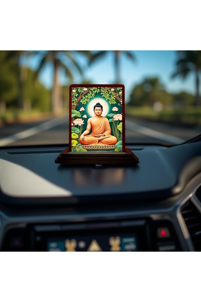 Car Desk/Table Top God Buddha Wooden Photo Stand 3x4 Inches, Compact & Stylish Spiritual Display For Car, Home & Office (Pack Of 1) (F14572)