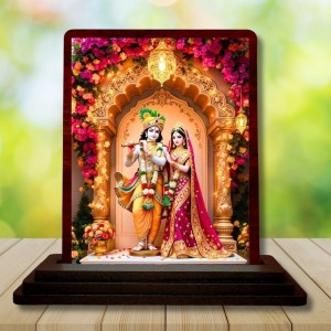 Car Desk/Table Top Radha Krishna Wooden Photo Stand 3x4 Inches, Compact & Stylish Spiritual Display For Car, Home & Office (Pack Of 1) (F14365)