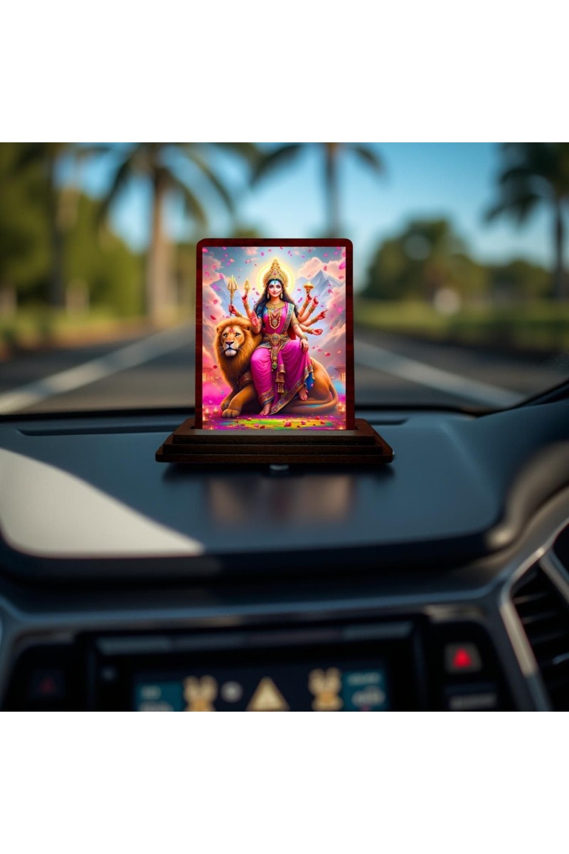 Car Desk/Table Top Goddess Durga Wooden Photo Stand 3x4 Inches, Compact & Stylish Spiritual Display For Car, Home & Office (Pack Of 1) (F14346)