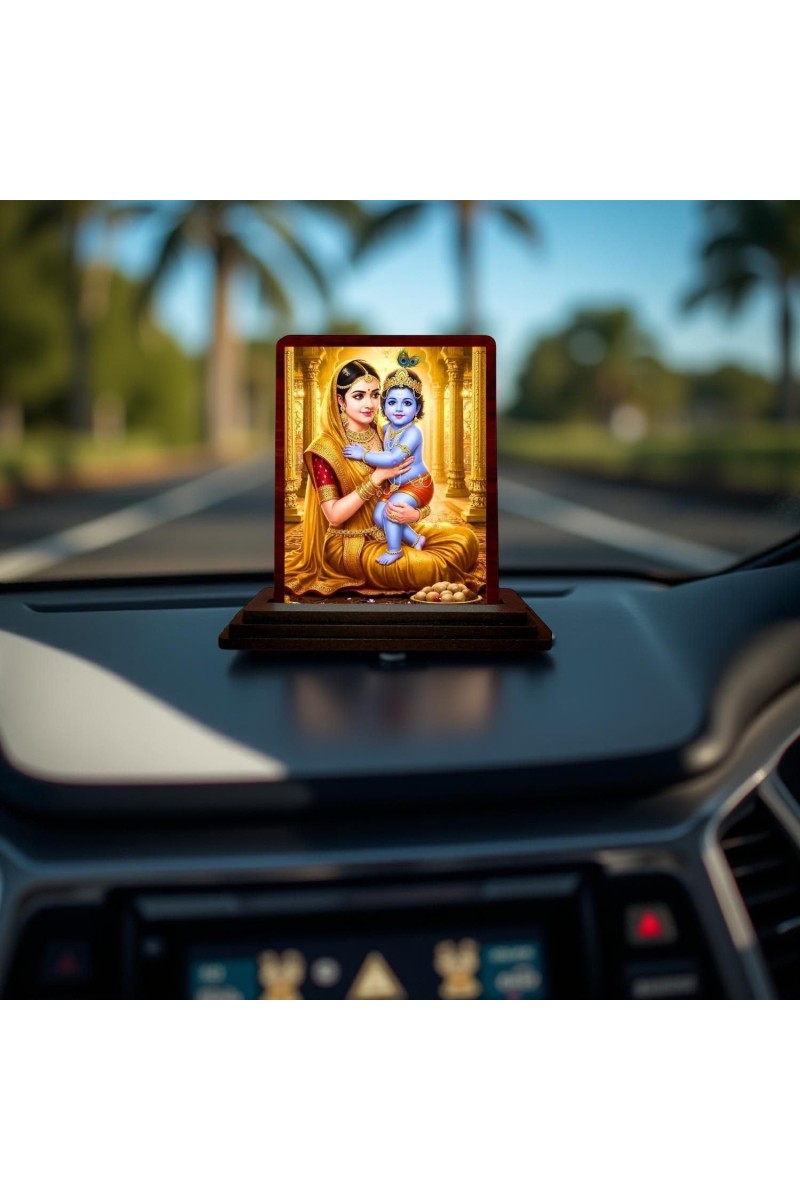 Car Desk/Table Top Yashodha Krishna Wooden Photo Stand 3x4 Inches, Compact & Stylish Spiritual Display For Car, Home & Office (Pack Of 1) (F14467)
