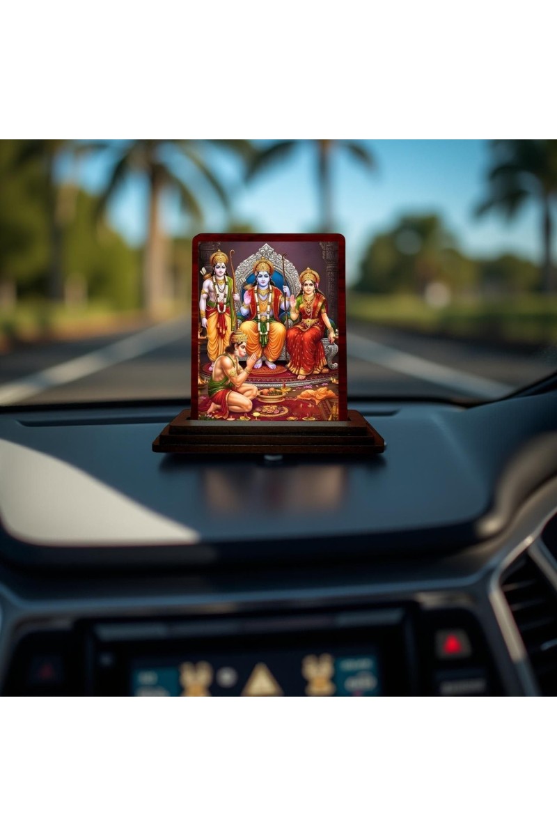 Car Desk/Table Top Lord Rama Darbar Wooden Photo Stand 3x4 Inches, Compact & Stylish Spiritual Display For Car, Home & Office (Pack Of 1) (F14246)